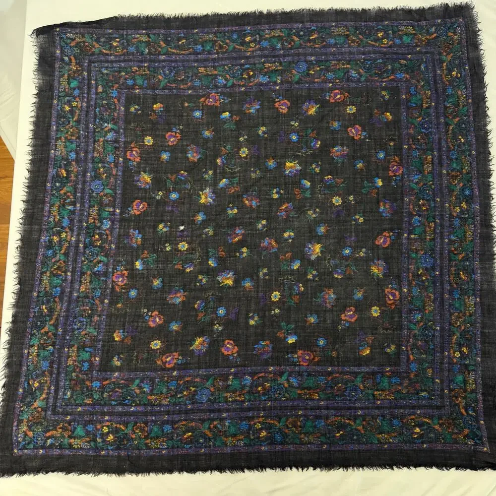 Vintage 90s Black Floral Square Bandana Scarf